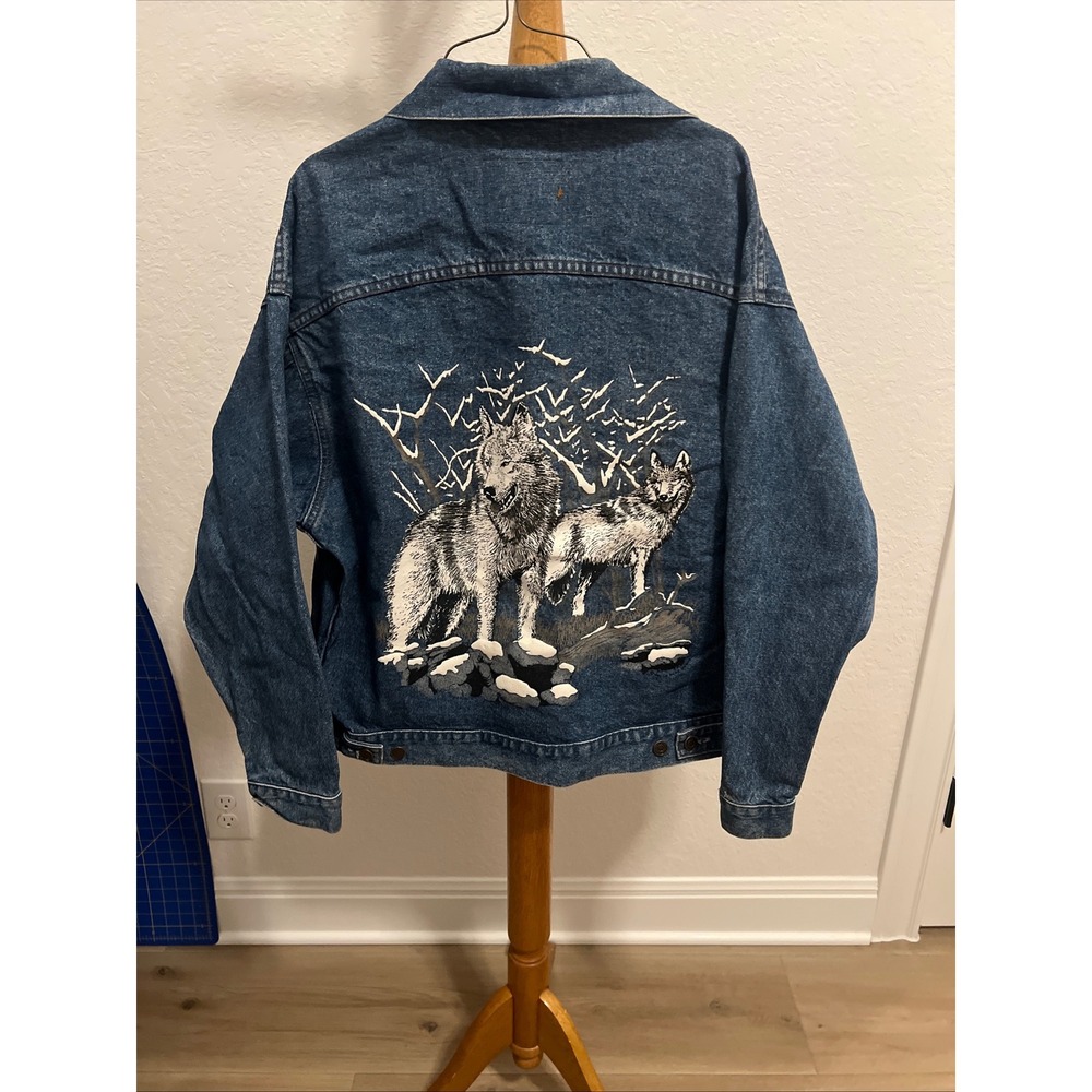Vintage International Denim Wolf Graphic Trucker Jacket Mens Large Blue 90s